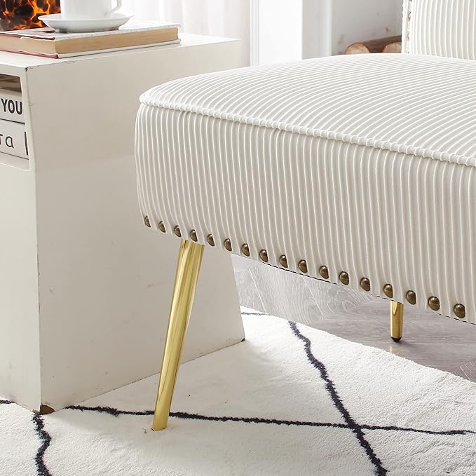 Modern Upholstered Pleated Velvet Accent Chair Tufted Dining Office Chairs Armless Slipper Chair Mid-Century Side Chair Single Luxury Sofa Chair with Golden Legs for Living Room Small SpaceBeige
