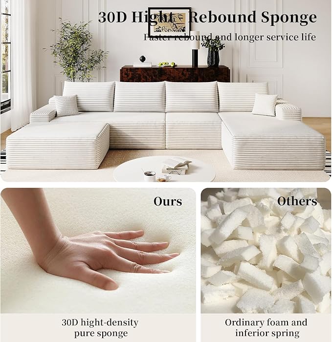 135.4 Oversized Cloud Modular Sectional Sofa U-Shaped Couches with Ottoman for Living Room Deep Seat Boneless Couch 1600lb Weight Capacity No Assembly Required (White Right Facing Chaise)