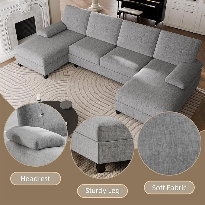 Nuturelly Nutually Sectional Couches for Living Room Convertible U-Shaped Sofa Couch with Double Chaise 4 Seat Sofa Set Modular Sofa Couch with Linen Fabric for ApartmentGray