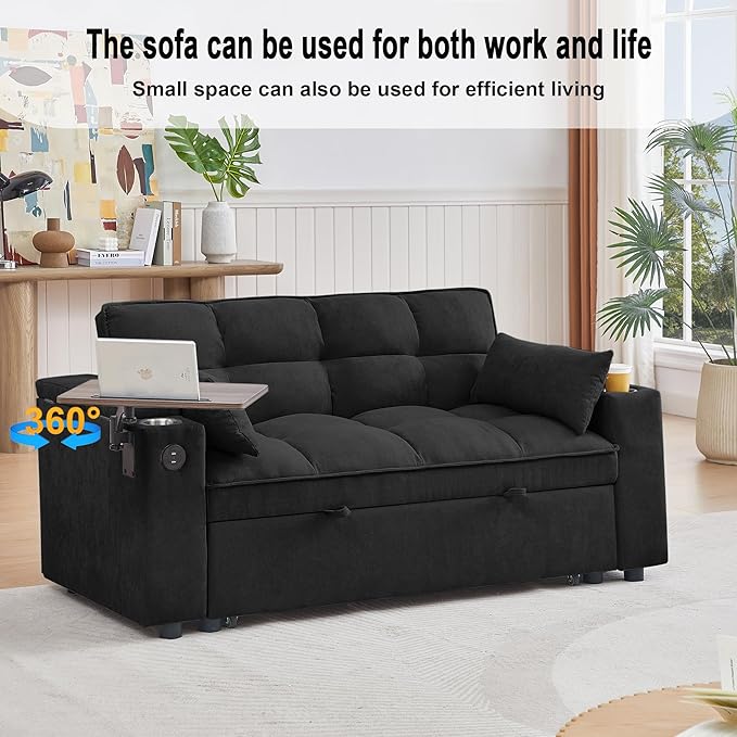 66 Multi-Functional Pull-Out Sofa Bed with Hidden Side Table Storage Armrests Built-in Charging Port Spring Mattress Solid Wood Frame – Ideal for Small Spaces Easy Assembly