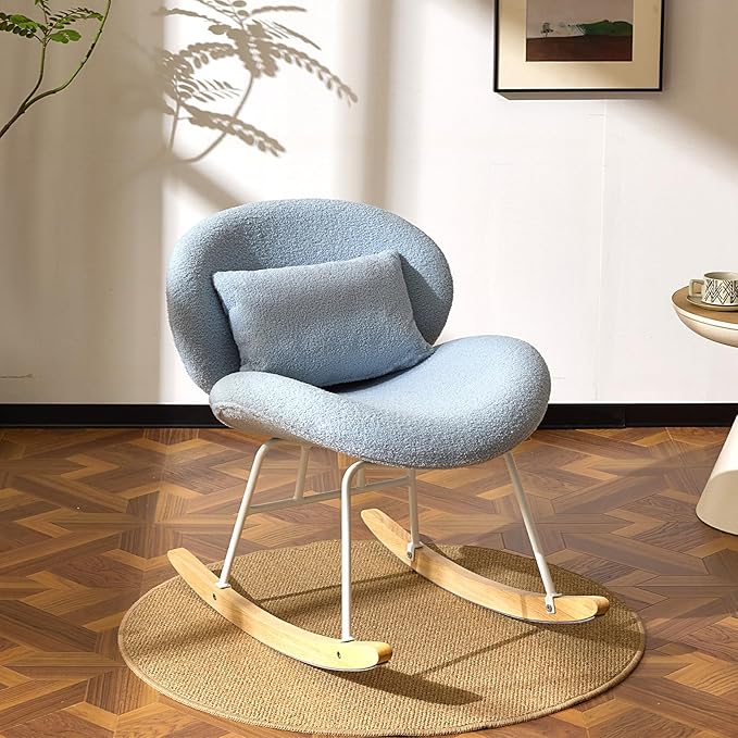 VINGLI 25.6 Extra Wide Nursery 115° Armless Rocking Chair Curved Cute Cross-Legged Glider Chair with Pillow &amp Solid Wood Nursing Chair for Bedroom Living Room Teddy Fleece Light Blue