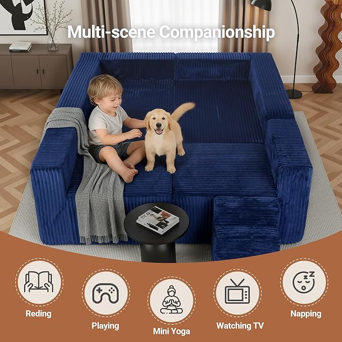 Claiks 128 Modular U Shaped Boneless Couch Deep Seat Bonless Couches for Living Room Modern Couch with Pet Stairs No Assembly Required Blue
