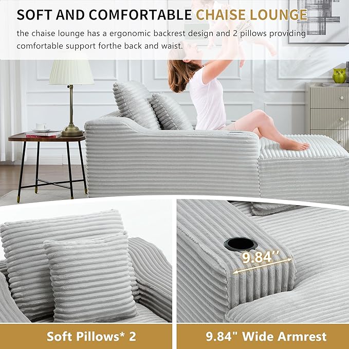 67inch Chaise Lounge Chair Indoor Upholstered Corduroy Couch with 2 PillowsComfy Fluffy Cloud CouchSingle Sleeper Sofa Chair for Livingroom (Light Gray 46.5W X 67D with Cup Holder)