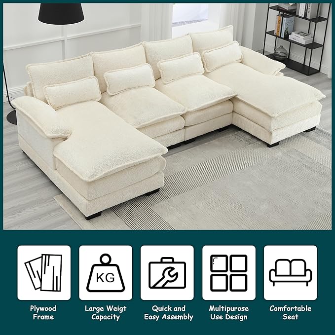 QQU 110.63 W U-Shape Modern Sectional Sofa Couch with Plastic Leg Upholstery Chenille Modular Sectional Sofa Bed with Memory Foam Large Sleeper Couch Chaise Lounges for Living Room(A-Beige)