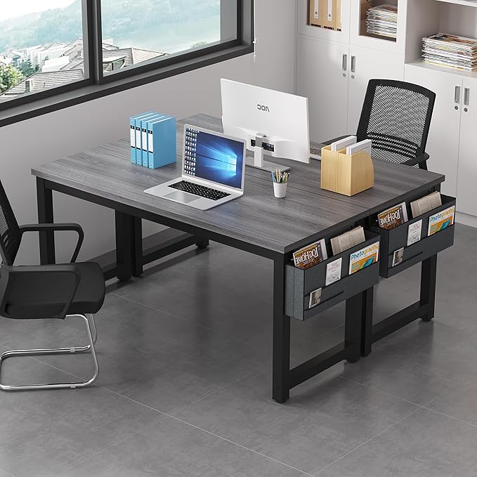 Large Computer Desk - 63 Inch Home Office Desks Study Student Writing Table Gaming Desk Wood Modern Simple Table with Storage Bag &amp Headphone Hooks Grey