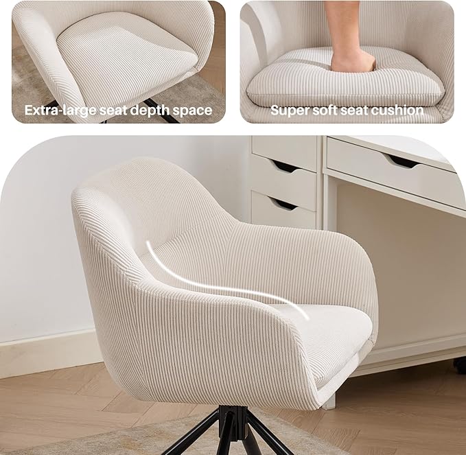 Modern Office Desk Chair Swivel Accent Chair No Wheels Fabric Upholstered Arm Chair Ergonomic Swivel Vanity Chair with Mid Back Arm Chair for Living Room Bedroom Home Office Beige