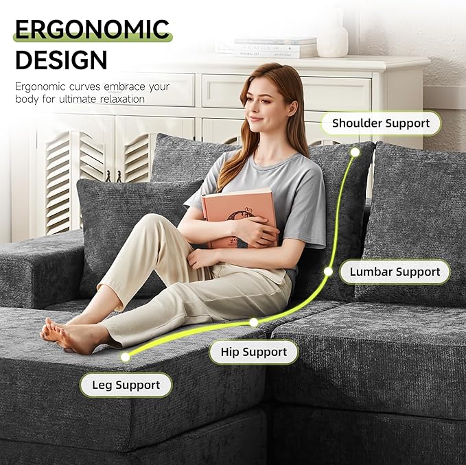 79 Boneless Cloud Loveseat Sofa Couch Modular Foldable Floor Sofa with Ottoman Chenille Lounge Convertible Sofa Bed for Living Room No Assembly Dark Grey