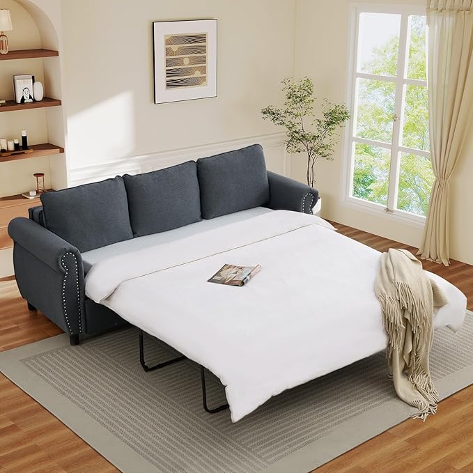 Queen Pull Out Sofa Bed 2-In-1 Pull Out Couch Bed with Memory Foam Mattress &amp Riveted Rolled Armrests 3 Seater Convertible Sleeper Sofa Foldable Couch for Living Room Bedroom Apartment(Dark G