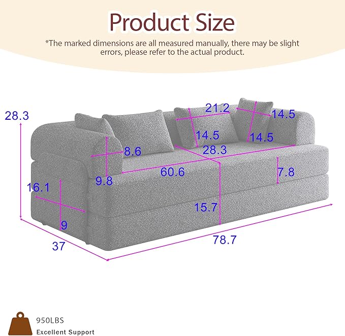 78.7 Chenille 4-in-1 Folding Convertible Sofa Bed Boneless Couches with 4 Pillows &amp Convenient Side Pockets Comfy Foldable Compressed Sofa in Box Floor Sofa Lounge Couch for Living Room(Black)