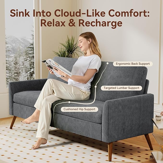 Vipbear 68 Loveseat Sofa - Dark Grey Comfy Corduroy with Spring Cushion Solid Wood Frame Modern Deep Seat Bedroom &amp Living Room Office Small Couch