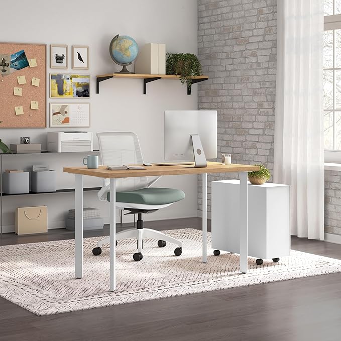 HON Coze Home Office Desks Sturdy Table Computer Desk 48 Natural Recon Top White Base