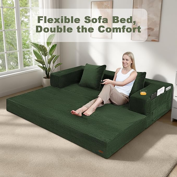 COMAX Queen Size Boneless Couch 79 Futon Sofa Bed Couches for Living Room 4 in 1 Convertible Sleeper Sofa Corduroy Couch Bed Foam in a Box Foldable Cloud Couch Floor Mattress Green