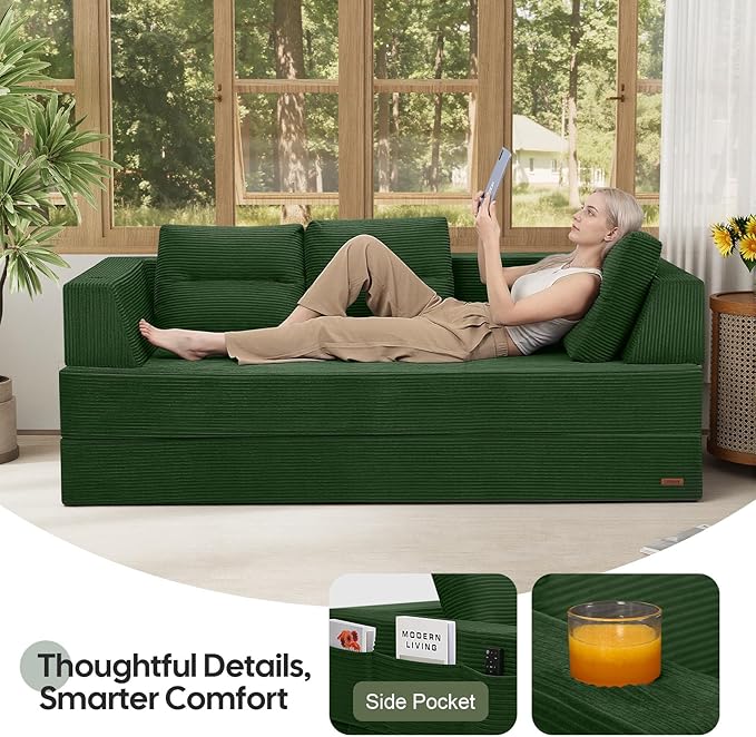 COMAX Futon Sofa Bed Queen 79 Convertible Sofa Bed Couches for Living Room 4 in 1 Folding Boneless Sleeper Corduroy Couch Loveseat Foam In a Box Comfy Foldable Lounge Fold Out Floor Mattress Green