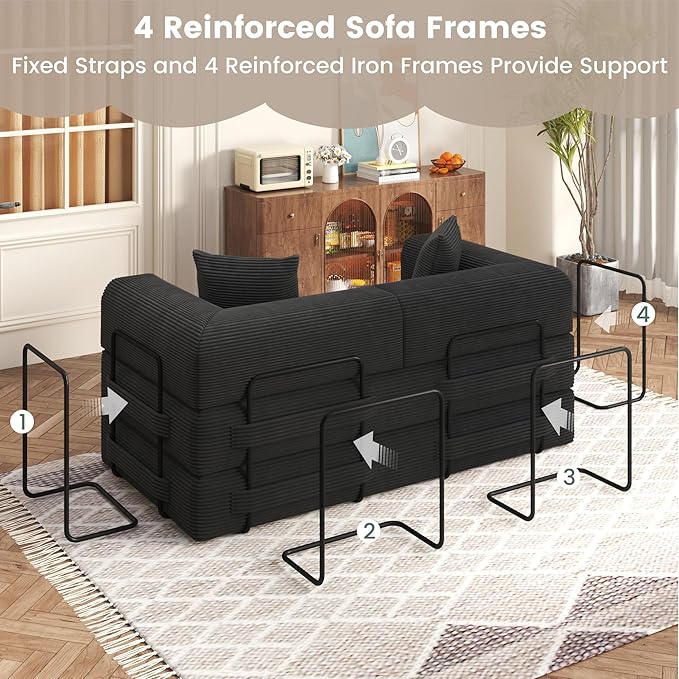 80 Convertible Sofa Bed 5 in 1 Modular Boneless Couch Sleeper Sofa Bed with Fixed Frame &amp Removable Backrest Pillow Washable Corduroy Futon Sofa Bed Couch in a Box for Small Spaces Dark Black