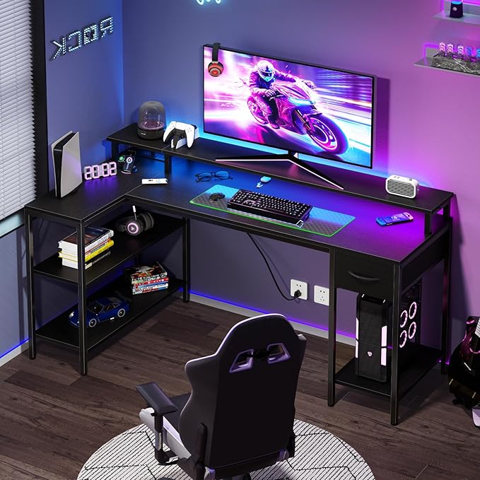 DUMOS 53” Gaming Desk with USB Charging Ports &amp LED Lights Reversible L Shaped Desks Computer Corner Gamer Table with Power Outlets Monitor Stand Storage Shelves for Home Office Small Space Blac