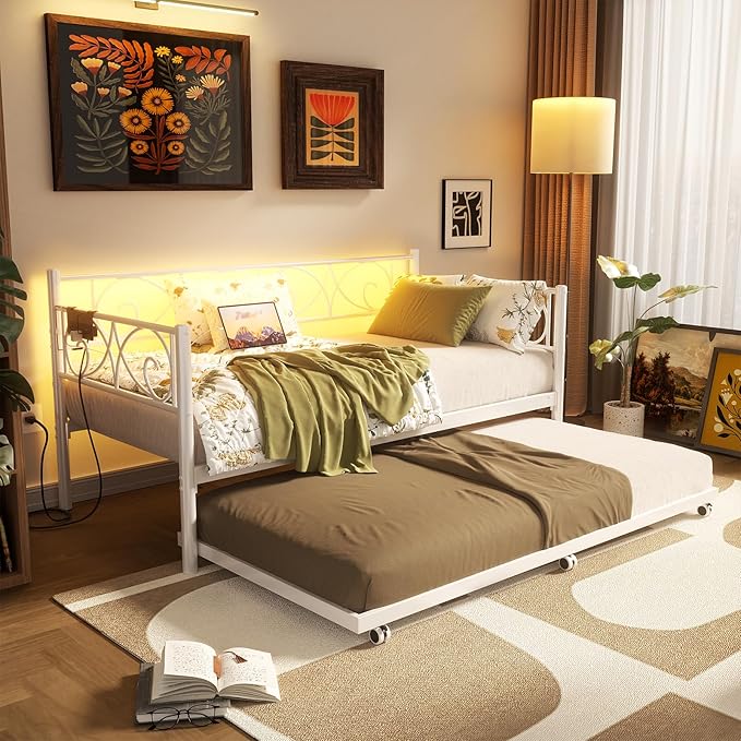 Unikito Daybed with Trundle Bed Twin Bed Frame with Charging Station and LED Lights Metal Sofa Day Bed with Pop Up Trundle and Steel Slat Support for Living Room Bedroom and Guest Room White
