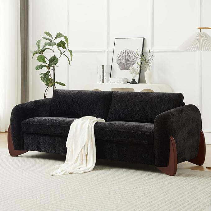 Christopher Knight Home Taki 89 Inches Sofa Couch Cozy Chenille Upholstered 3-Seater Sofa Wood Frame Couches Comfy Home Sofa Living Room and Office Lounge Seating with Armrests Black
