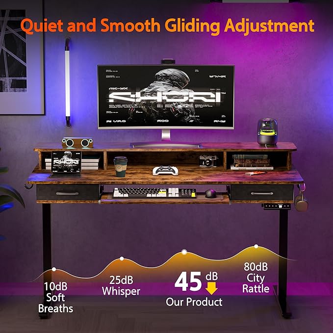 55x24 Inches Electric Standing Desk with Keyboard Tray Height Adjustable Stand up Desk with 2 Drawers Ergonomic Sit to Stand Desk with Storage Monitor Stand Computer Table Rustic Brown