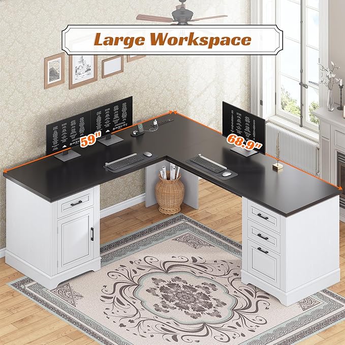 SEDETA Farmhouse 69 Executive L Shaped Desk Home Office Desk with Drawers and Storage Cabinet &amp Power Outlet Corner Computer Desk White