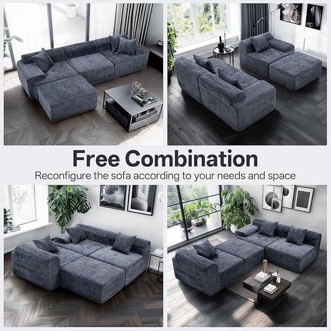 119’’ Modular Sectional Sofa Cloud Sectional Couch with Deep Seat Modern Modular Compression Sofa Couch with Chaise Upholstered Couches Throw Pillows for Living Room Bedroom Blue