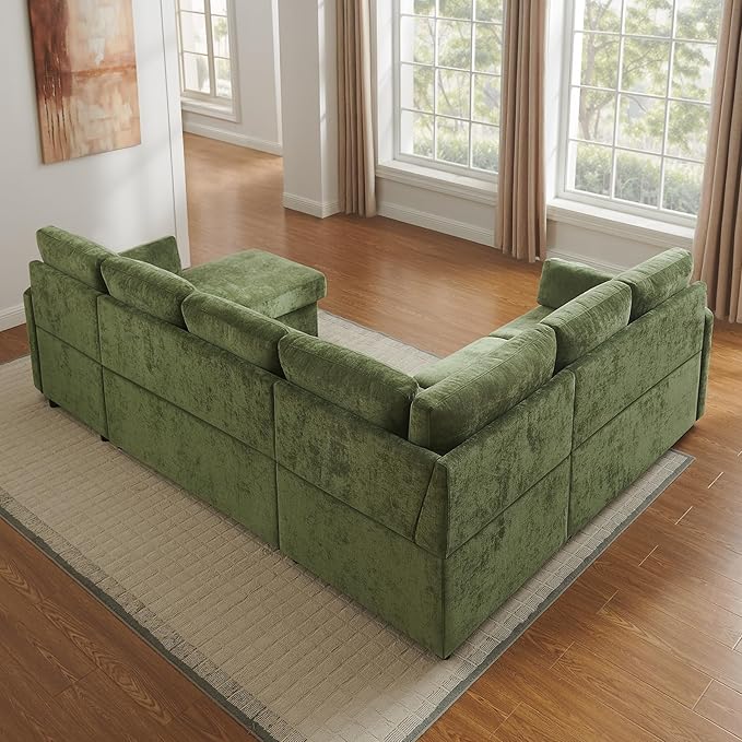 111'' Sectional Sleeper Sofa with Pull Out Bed U Shaped 6 Seat Modular Couch with Storage Chaise Modern Sectional Couch Cloud Chenille Sofa Bed for Living Room Apartment Olive