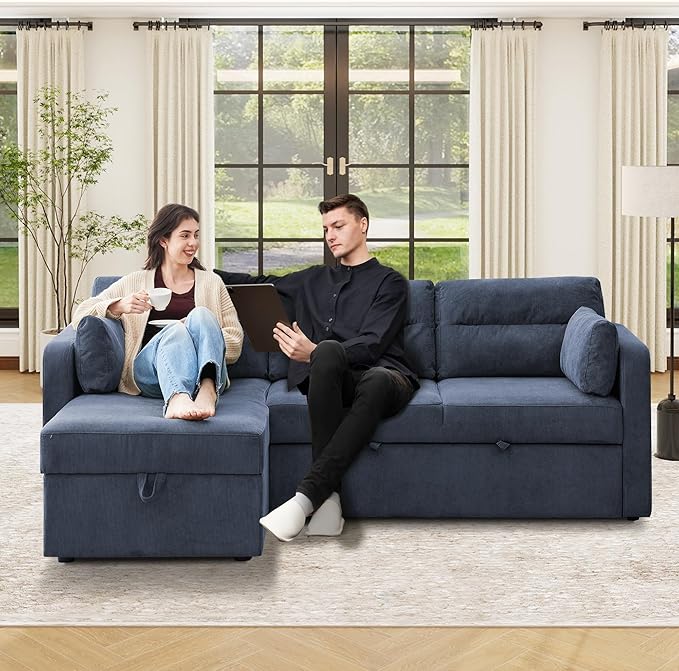 Tbfit 92.5'' 3 in 1 Sleeper Sofa Couch with Storage Chaise Corduroy Sofa Bed with Pull Out Bed Convertible Sleeper Sofas for Living Room Small Spaces Blue