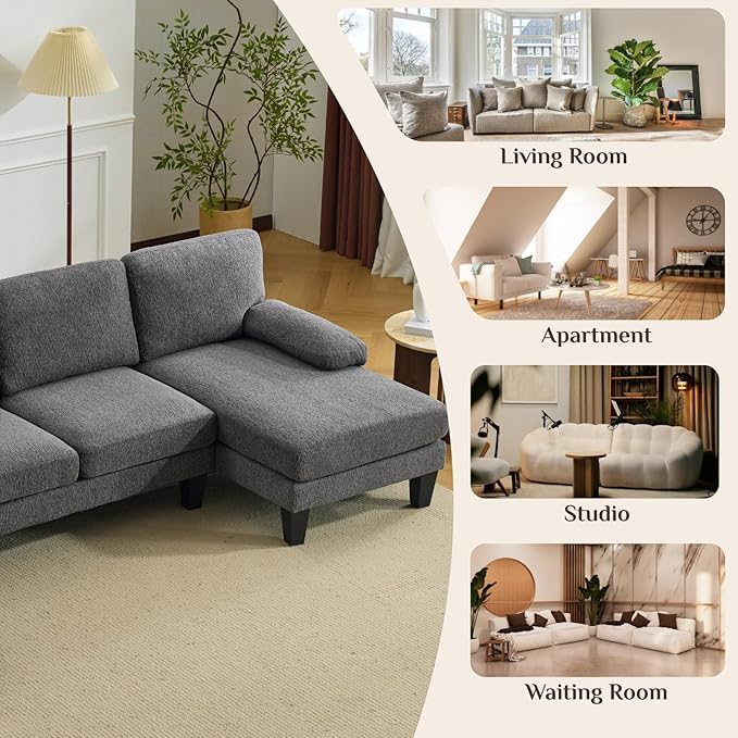 Karl home 110 U-Shape Sectional Couches for Living Room Chenille Upholstery 4 Seat Sofa Set with Double Chaises &amp Wood Grain Legs for Apartment Dark Grey