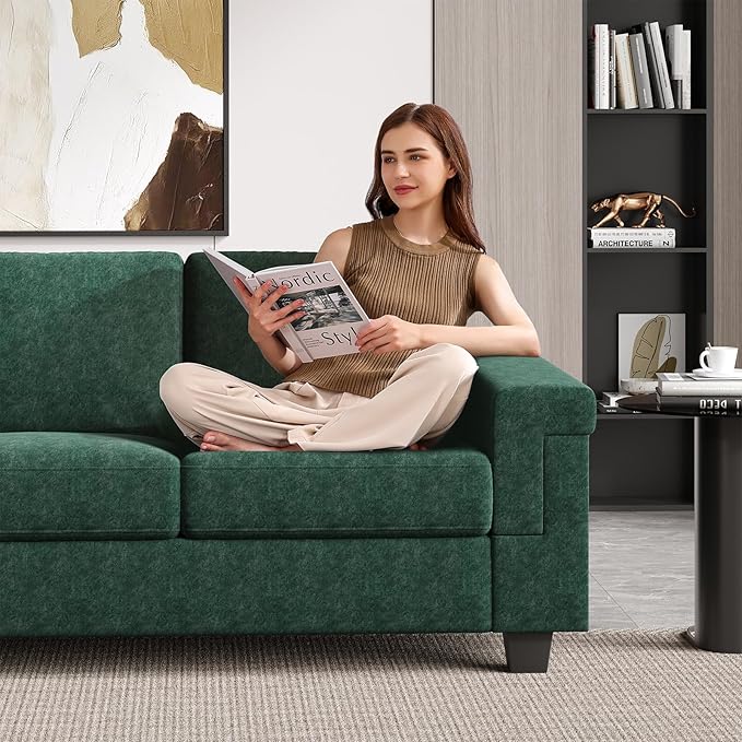 3 Seater Sofa Couch with Deep Seat 90 Modern Upholstered Sofa with Armrests Easy Installation Comfy Couches for Living Room Apartment Green