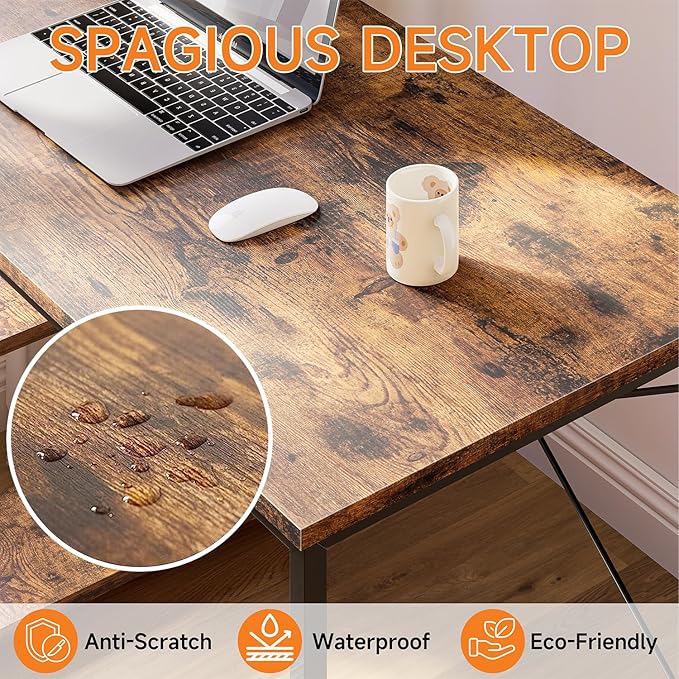 Rustic Brown Computer Desk with LED LightsOffice Desk Gaming Desk with Reversible Storage Shelves Study Table Sturdy Steel Frame for Small Space
