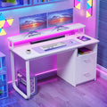 DWVO Office Desk with Drawers 47 Computer Desk with Power Outlets &amp LED Light Home Office Desk with Storage &amp Monitor Stand White