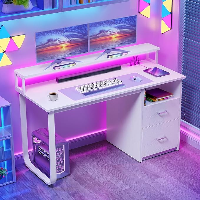 DWVO Office Desk with Drawers 47 Computer Desk with Power Outlets &amp LED Light Home Office Desk with Storage &amp Monitor Stand White