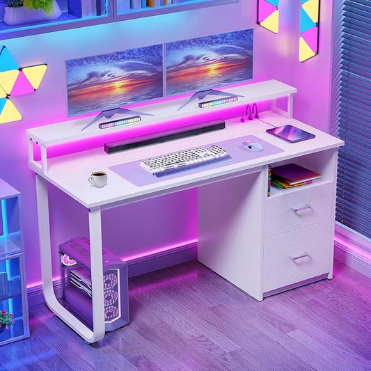 DWVO Office Desk with Drawers 47 Computer Desk with Power Outlets &amp LED Light Home Office Desk with Storage &amp Monitor Stand White
