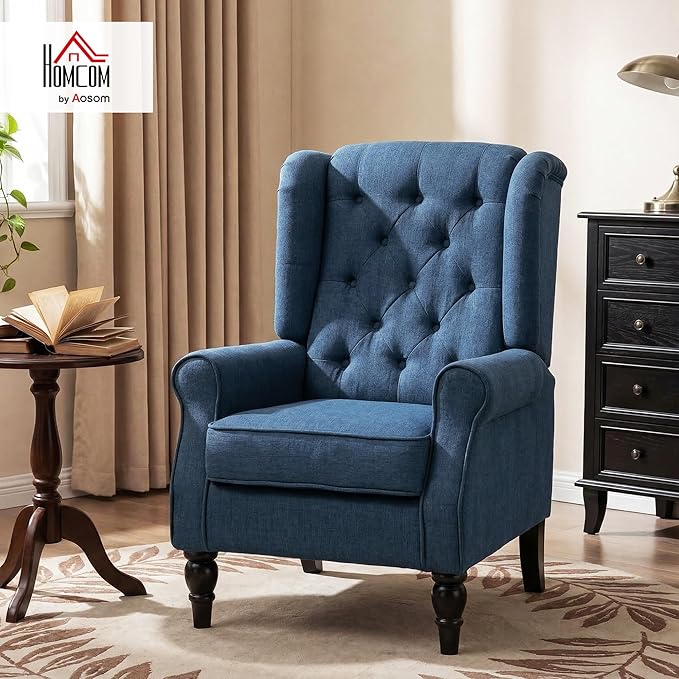 HOMCOM Mid-Century Modern Accent Chair High Wingback Reading Chair Button-Tufted Upholstered Fabric Armchair with Retro Wood Legs for Apartment Living Room Bedroom Blue