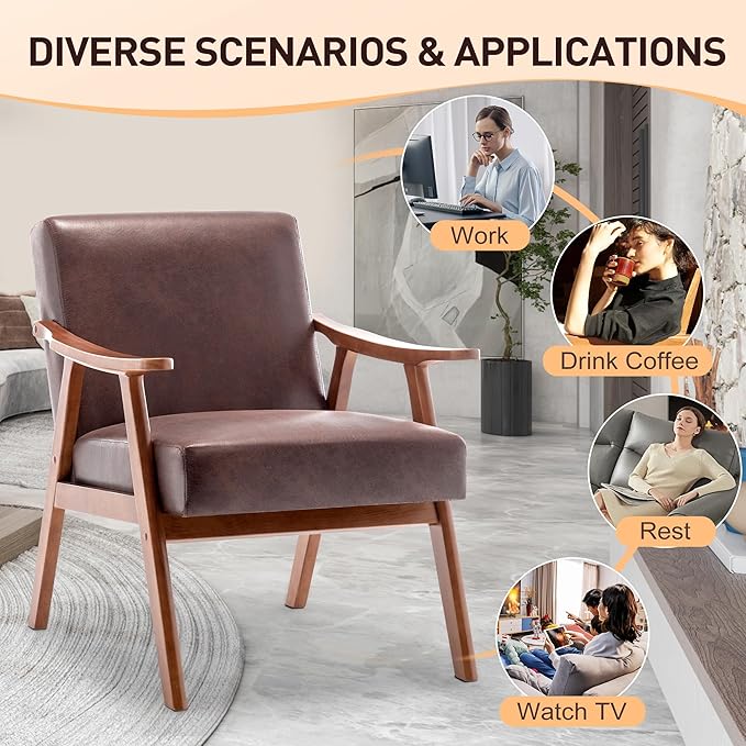 Mid Century Modern Accent ChairComfy Fabric Reading Chair with Retro Solid Wood Frame &amp High Back Upholstered Lounge Arm Side Chair for Living Room Bedroom Balcony (Dark Brown)