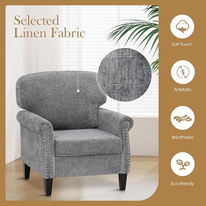 Sophia &amp William Modern Living Room Chair Upholstered Accent Chair with Wood Legs Comfy Linen Fabric ArmchairGrey1PC