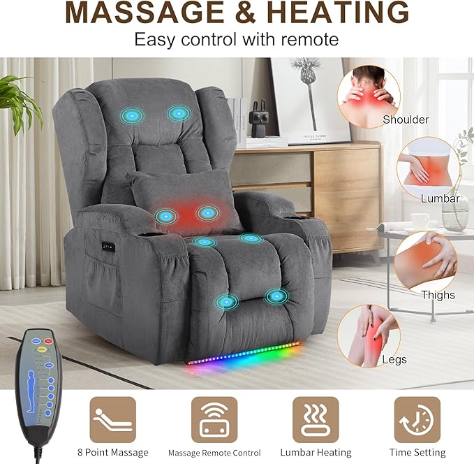 DRMBOOK Power Recliner Chair Electric Wall Hugger Reclining Sofa with Massage &amp Heat Overstuffed Theater Seating with LED/USB Port/Cup Holders for Living Room (Linen Grey 1 Chair with Console)