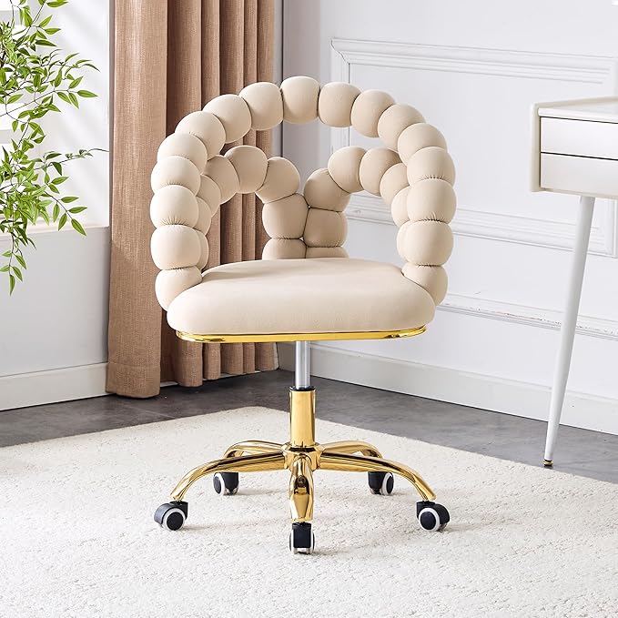 Home Chair Swivel Velvet Desk Chair Upholstered Accent Chairs with Gold Base for Girls Women Study Seat Caterpillar Computer Stools for Living Room(Cream)