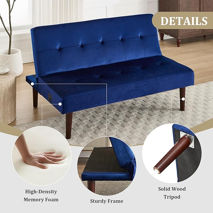 Anwick Convertible Futon Sofa Bed with Charging Port 45″ Folding Sleeper Sofa Adjustable Backrest Small Couch for Living Room Small Spaces Or Office Modern Loveseat (Blue)
