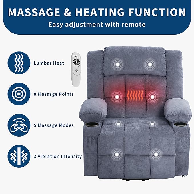 Large Power Lift Recliner Chair for Elderly with Massage and Heat 3 Positions 2 Side Pockets and 2 Cup Holders USB Ports