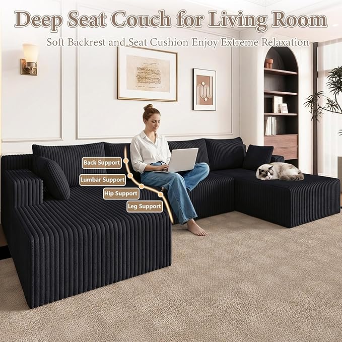 123 Cloud Modular Sectional Couch U-Shaped with Two Chaise Corduroy Boneless Couch for Living Room Bedroom Deep-Seat Upholstered Modular Cloud Sofa No Assembly Required Black