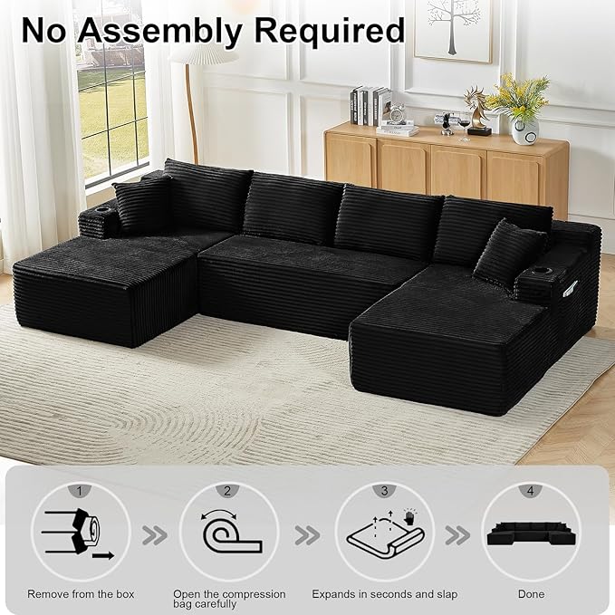 134 U-Shaped Cloud Couch Sectional Oversized Modular Boneless Sleeper Sofa with Side Pockets &amp Cup Holders 4-Seater Modern Deep Seat Corduroy Couch for Living Room No Assembly Required Black