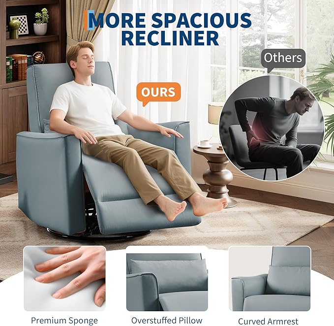 IDEALHOUSE Swivel Rocking Nursery Recliner Chair Rocker Recliner Glider Deep Seat PU Leather Sofa Chair with high Backrest for Nursery Living Room Bedroom &amp Home Movie Theater (Gray)