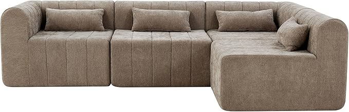 145.5 Inch Modular Full-Compressed Sectional SofaBeige Polyester Upholstered Modular Sofa with 4 PiecesCompressed Sponge Modular Couch for Living Room (Espresso#81)