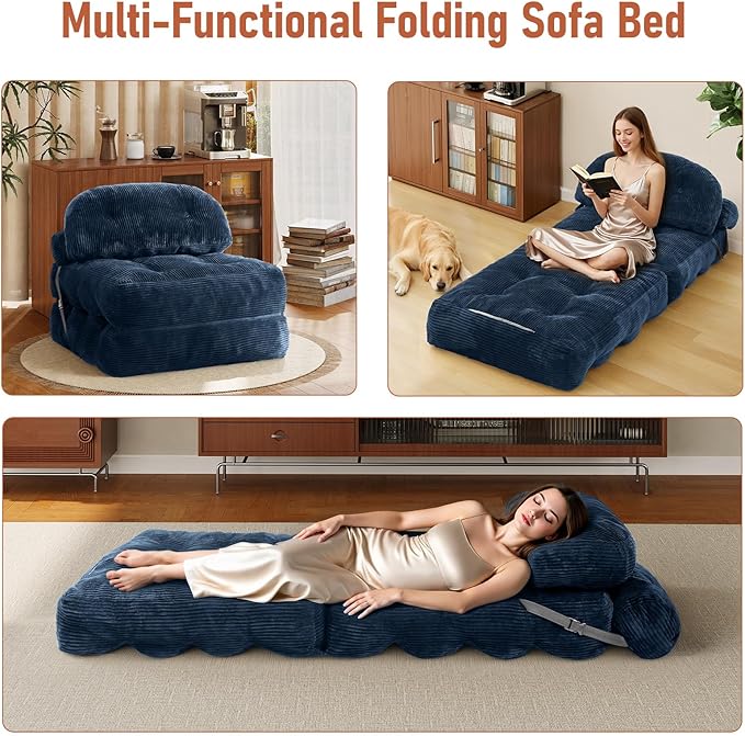 Folding Sofa Bed Convertible Sleeper Chair with Back Support and Pillow FutonBoneless Foldable Couch for Living Room/Guest Use/Home Office Foldable Chair Bed for Adults Navy Blue