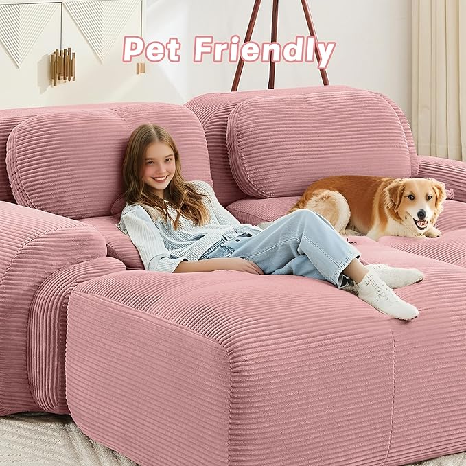 117.3 U-Shaped Cloud Couch Modular Sectional Sofa - Boneless Deep Seat 3-Seater with 2 Movable Ottomans No Assembly Corduroy Upholstery Couches for Living Room (Pink)