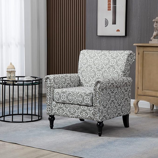 Mid-Century Modern Accent Chair Linen Armchair w/Tufted Back/Wood Legs Upholstered Lounge Arm Chair Single Sofa for Living Room Bedroom Grey