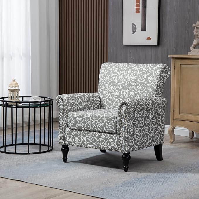 Mid-Century Modern Accent Chair Linen Armchair w/Tufted Back/Wood Legs Upholstered Lounge Arm Chair Single Sofa for Living Room Bedroom Grey