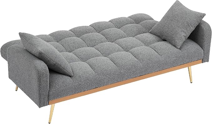 KEIKI 69 Folding Futon Sofa Couch w/Adjustable Backrest Mid Century Modern Loveseat Convertible to Sleeper Bed Small Comfy Teddy Cloud Couch SofaBed for Living Room &amp Bedroom 2 Pillows Gray