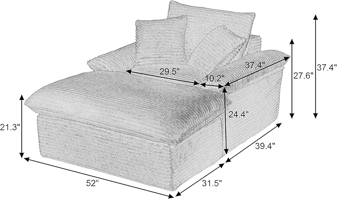 70 Inch Corduroy Chaise Lounge Indoor - Oversized Convertible Sofa with Ottoman &amp Throw PillowsNo Assembly for Living Room &amp Small SpacesDark Grey
