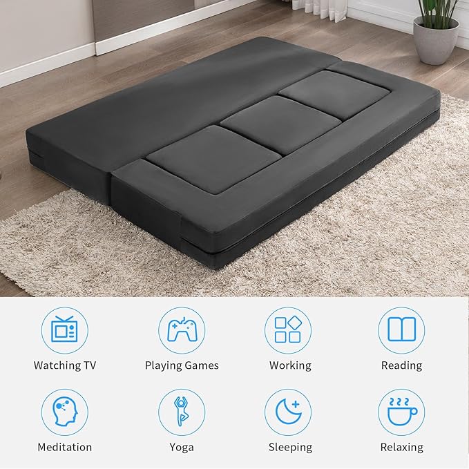 PUREMIND 10 Inch Folding Sofa Bed Velvet Convertible Floor Sleeper Sofa with 3 Ottomans Upholstered 2-in-1 Fold Out Couch Bed Queen Size Guest Bed Foldable Mattress for Living Room Office
